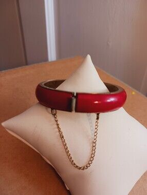 Vintage Red Enamel Bangle Bracelet with Clasp & Chain 1960-1970s , Has Wear Flaw